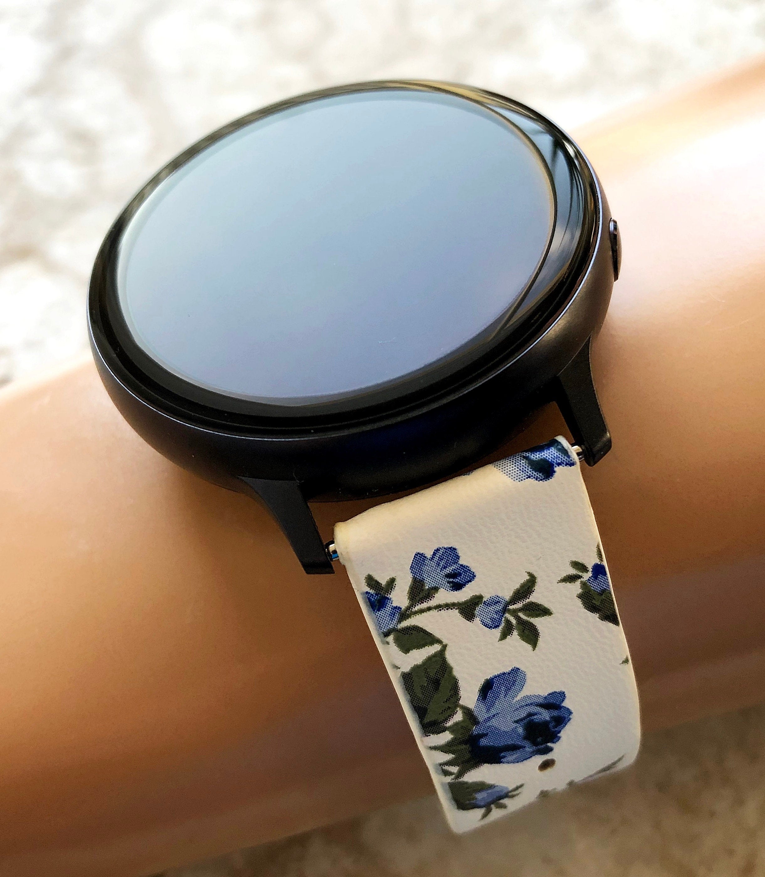 Samsung FL-2 Band for Galaxy Watch Active 2 40mm 42mm 44mm Soft Blue Floral Bracelet Cuff Leather Wristband Strap with Quick Release Pins